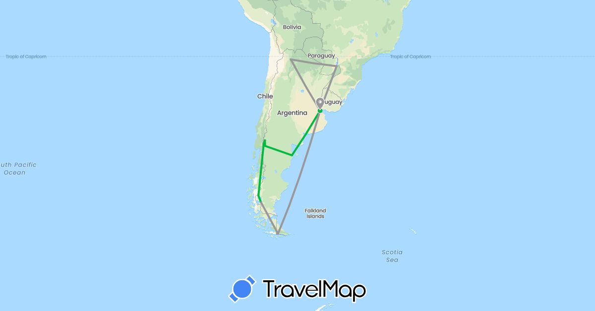 TravelMap itinerary: driving, bus, plane in Argentina (South America)